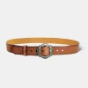 Outlet Arrow & Shield Pattern Brass Buckle Leather Belt - Light Brown Belts