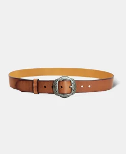 Outlet Arrow & Shield Pattern Brass Buckle Leather Belt - Light Brown Belts