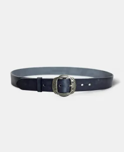 New Arrow & Shield Pattern Brass Buckle Leather Belt - Black Belts