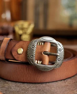 Outlet Arrow & Shield Pattern Brass Buckle Leather Belt - Light Brown Belts