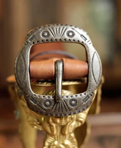 Outlet Arrow & Shield Pattern Brass Buckle Leather Belt - Light Brown Belts