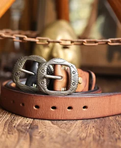 New Arrow & Shield Pattern Brass Buckle Leather Belt - Black Belts