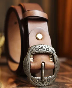 Outlet Arrow & Shield Pattern Brass Buckle Leather Belt - Light Brown Belts