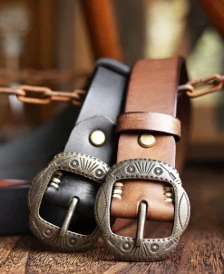 New Arrow & Shield Pattern Brass Buckle Leather Belt - Black Belts