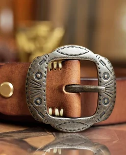 Outlet Arrow & Shield Pattern Brass Buckle Leather Belt - Light Brown Belts