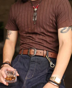 Outlet Arrow & Shield Pattern Brass Buckle Leather Belt - Light Brown Belts