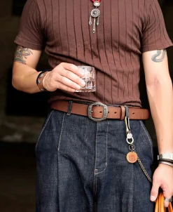 Outlet Arrow & Shield Pattern Brass Buckle Leather Belt - Light Brown Belts