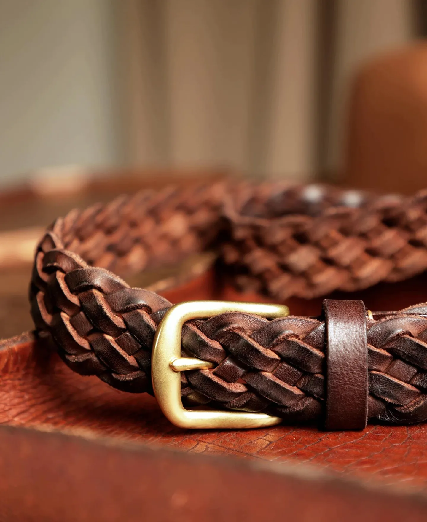 Outlet Braided Leather Belt - Coffee Belts