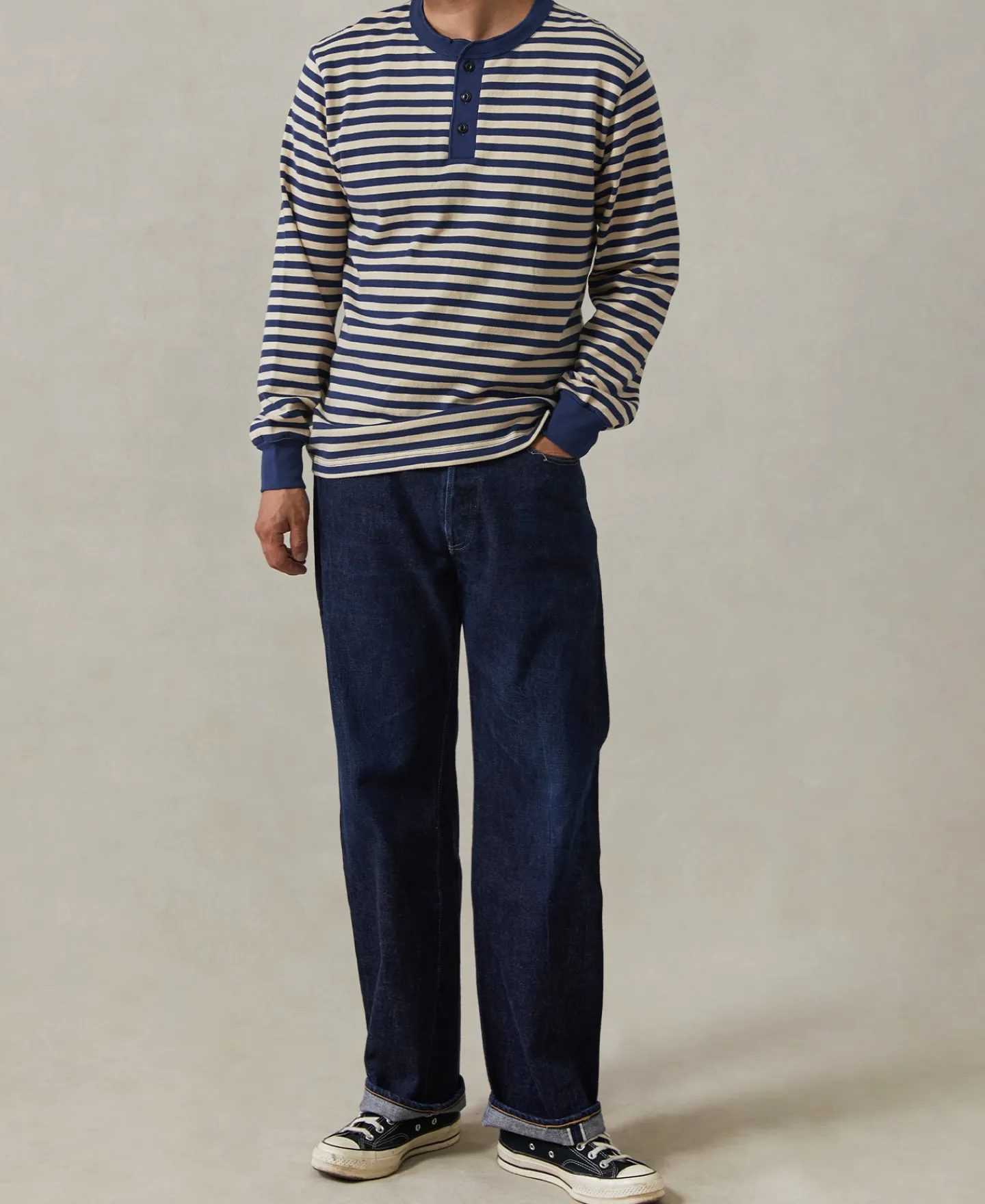Discount Breton Striped Henley Long Sleeve T-Shirt - Blue/Apricot Henleys | Long Sleeve T-Shirts