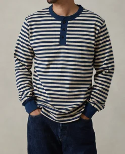 Discount Breton Striped Henley Long Sleeve T-Shirt - Blue/Apricot Henleys | Long Sleeve T-Shirts
