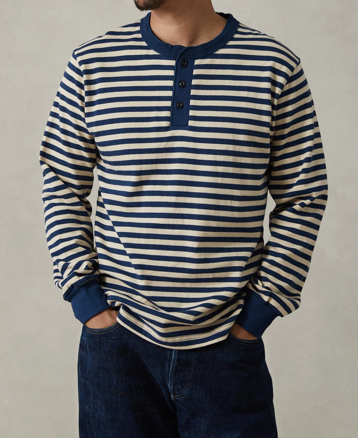 Discount Breton Striped Henley Long Sleeve T-Shirt - Blue/Apricot Henleys | Long Sleeve T-Shirts