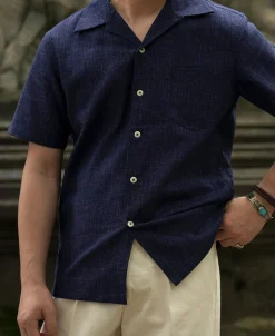 Fashion Classic Indigo Print Open Collar Shirt Short Sleeve Shirts | Shirts