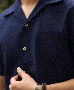 Fashion Classic Indigo Print Open Collar Shirt Short Sleeve Shirts | Shirts