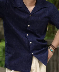 Fashion Classic Indigo Print Open Collar Shirt Short Sleeve Shirts | Shirts