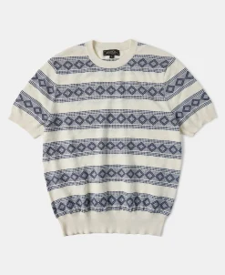New Diamond Pattern Jacquard Crew Neck T-Shirt - Blue/White Short Sleeve T-Shirts | T-shirts