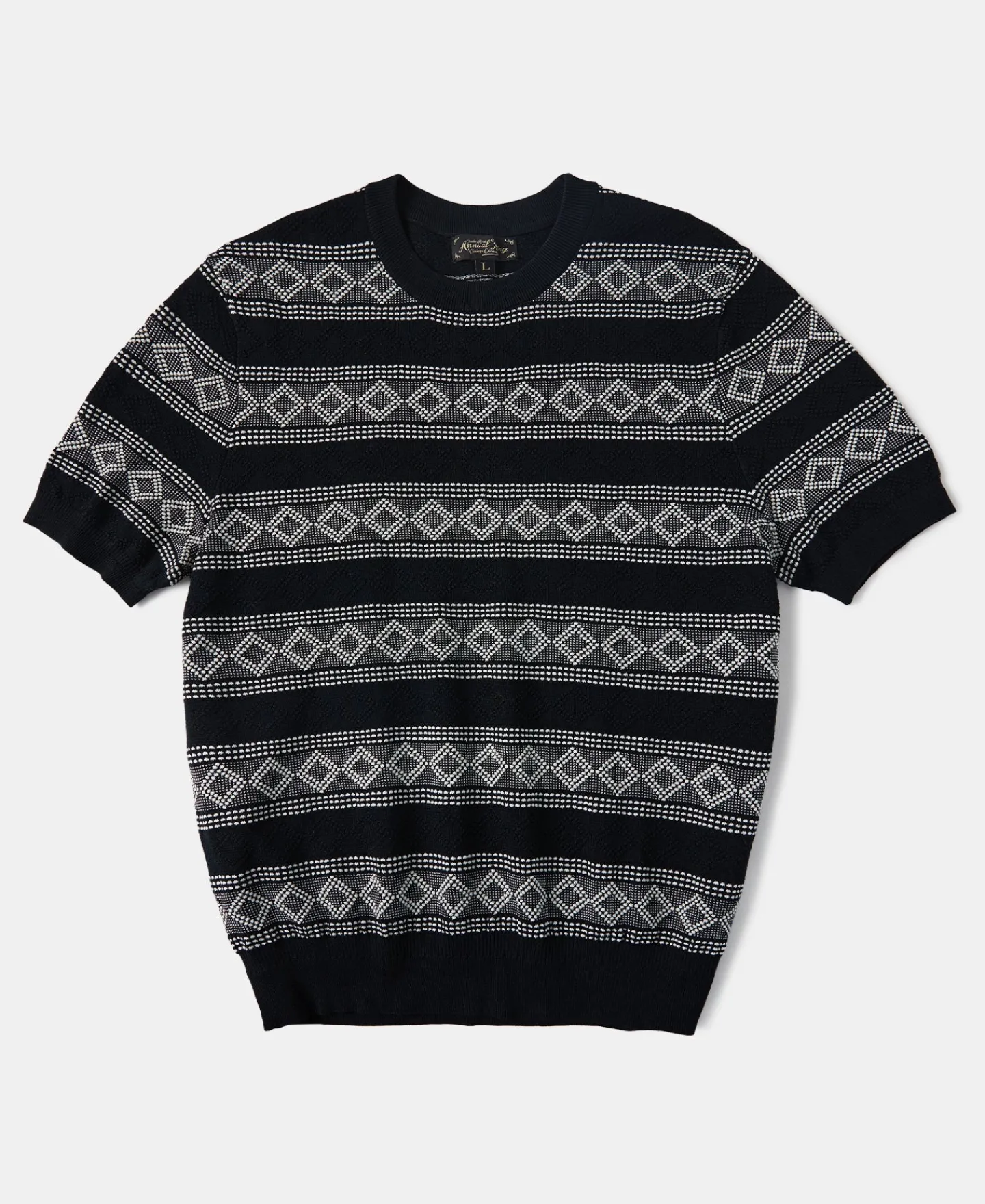 Fashion Diamond Pattern Jacquard Crew Neck T-Shirt - White/Black Short Sleeve T-Shirts | T-shirts