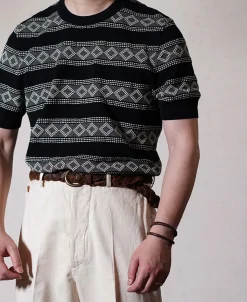 Fashion Diamond Pattern Jacquard Crew Neck T-Shirt - White/Black Short Sleeve T-Shirts | T-shirts