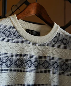 New Diamond Pattern Jacquard Crew Neck T-Shirt - Blue/White Short Sleeve T-Shirts | T-shirts