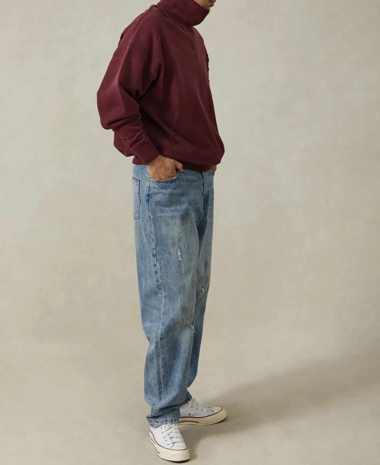 Best Distressed Splatter Paint Turtleneck Sweatshirt - Wine Sweatshirts&hoodies