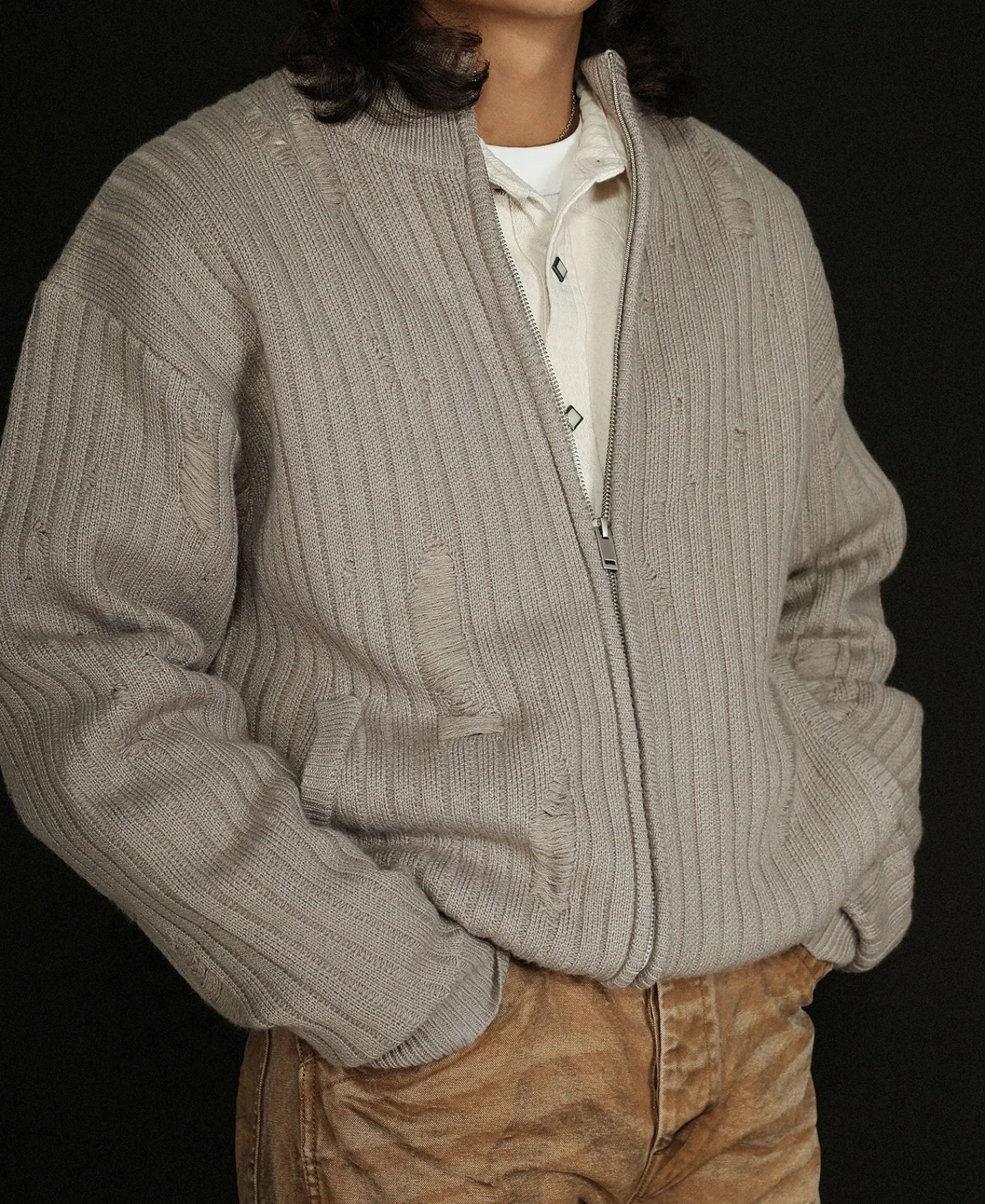 Online Distressed Wool Blend Zip-Up Sweater Knitwear&sweaters