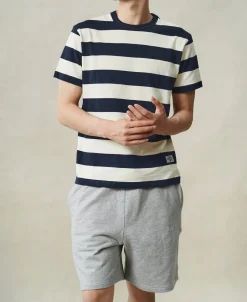Discount Heavyweight Cotton Wide Striped T-Shirt - Blue/Apricot T-shirts | Short Sleeve T-Shirts
