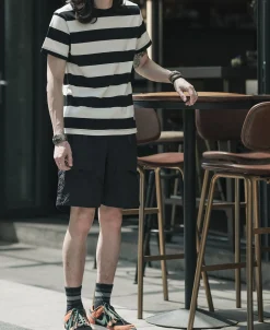Best Heavyweight Cotton Wide Striped T-Shirt - Black/Apricot Short Sleeve T-Shirts | T-shirts