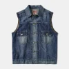 Online Heavyweight Motorcycle Embroidered Denim Vest Waistcoats | Denim