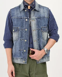 Online Heavyweight Motorcycle Embroidered Denim Vest Waistcoats | Denim