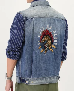 Online Heavyweight Motorcycle Embroidered Denim Vest Waistcoats | Denim