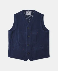 Fashion Indigo-Dyed Sashiko Work Vest Waistcoats