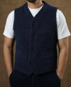Fashion Indigo-Dyed Sashiko Work Vest Waistcoats