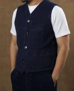 Fashion Indigo-Dyed Sashiko Work Vest Waistcoats
