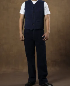 Fashion Indigo-Dyed Sashiko Work Vest Waistcoats