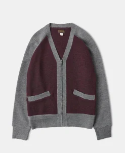 Outlet Lot 913 1940s Contrast Wool Cardigan - Wine Red/Gray Knitwear&sweaters