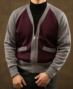 Outlet Lot 913 1940s Contrast Wool Cardigan - Wine Red/Gray Knitwear&sweaters