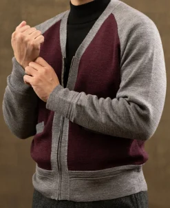 Outlet Lot 913 1940s Contrast Wool Cardigan - Wine Red/Gray Knitwear&sweaters