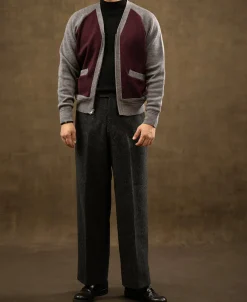 Outlet Lot 913 1940s Contrast Wool Cardigan - Wine Red/Gray Knitwear&sweaters