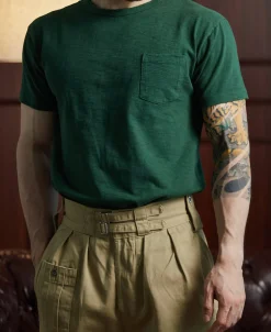 Sale Lot 102 1940s Heavyweight Slub Pocket T-Shirt - Dark Green Short Sleeve T-Shirts | T-shirts