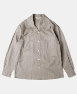 Clearance Lot 220L 1940s Linen-Cotton Open Collar Shirt - Khaki Gray Shirts | Long Sleeve T-Shirts
