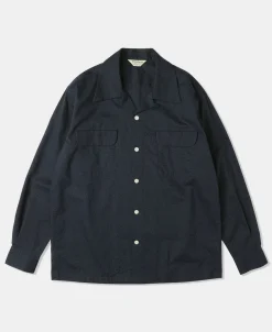 Hot Lot 220L 1940s Linen-Cotton Open Collar Shirt - Navy Long Sleeve Shirts | Shirts