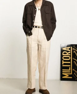 Clearance Lot 220L 1940s Linen-Cotton Open Collar Shirt - Dark Brown Long Sleeve Shirts | Shirts