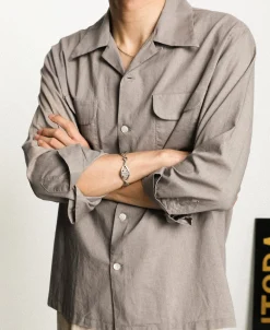 Clearance Lot 220L 1940s Linen-Cotton Open Collar Shirt - Khaki Gray Shirts | Long Sleeve T-Shirts