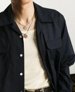 Hot Lot 220L 1940s Linen-Cotton Open Collar Shirt - Navy Long Sleeve Shirts | Shirts