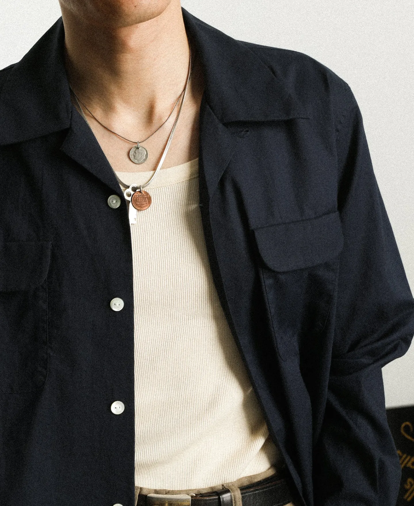 Hot Lot 220L 1940s Linen-Cotton Open Collar Shirt - Navy Long Sleeve Shirts | Shirts