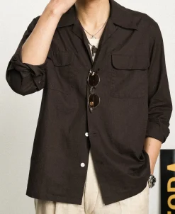 Clearance Lot 220L 1940s Linen-Cotton Open Collar Shirt - Dark Brown Long Sleeve Shirts | Shirts