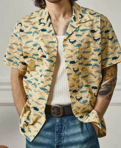 Outlet Marine Life Printed Seersucker Short Sleeve Camp Shirt - Light Yellow Short Sleeve Shirts | Shirts