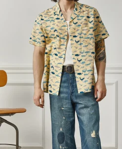 Outlet Marine Life Printed Seersucker Short Sleeve Camp Shirt - Light Yellow Short Sleeve Shirts | Shirts