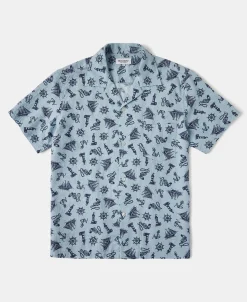 New Nautical Printed Seersucker Short Sleeve Camp Shirt - Light Blue Short Sleeve Shirts | Shirts
