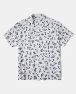 Discount Nautical Printed Seersucker Short Sleeve Camp Shirt - White Short Sleeve Shirts | Shirts