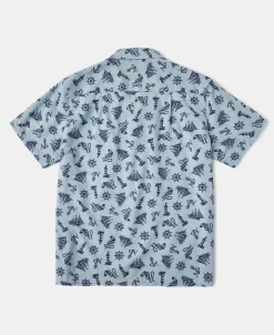 New Nautical Printed Seersucker Short Sleeve Camp Shirt - Light Blue Short Sleeve Shirts | Shirts